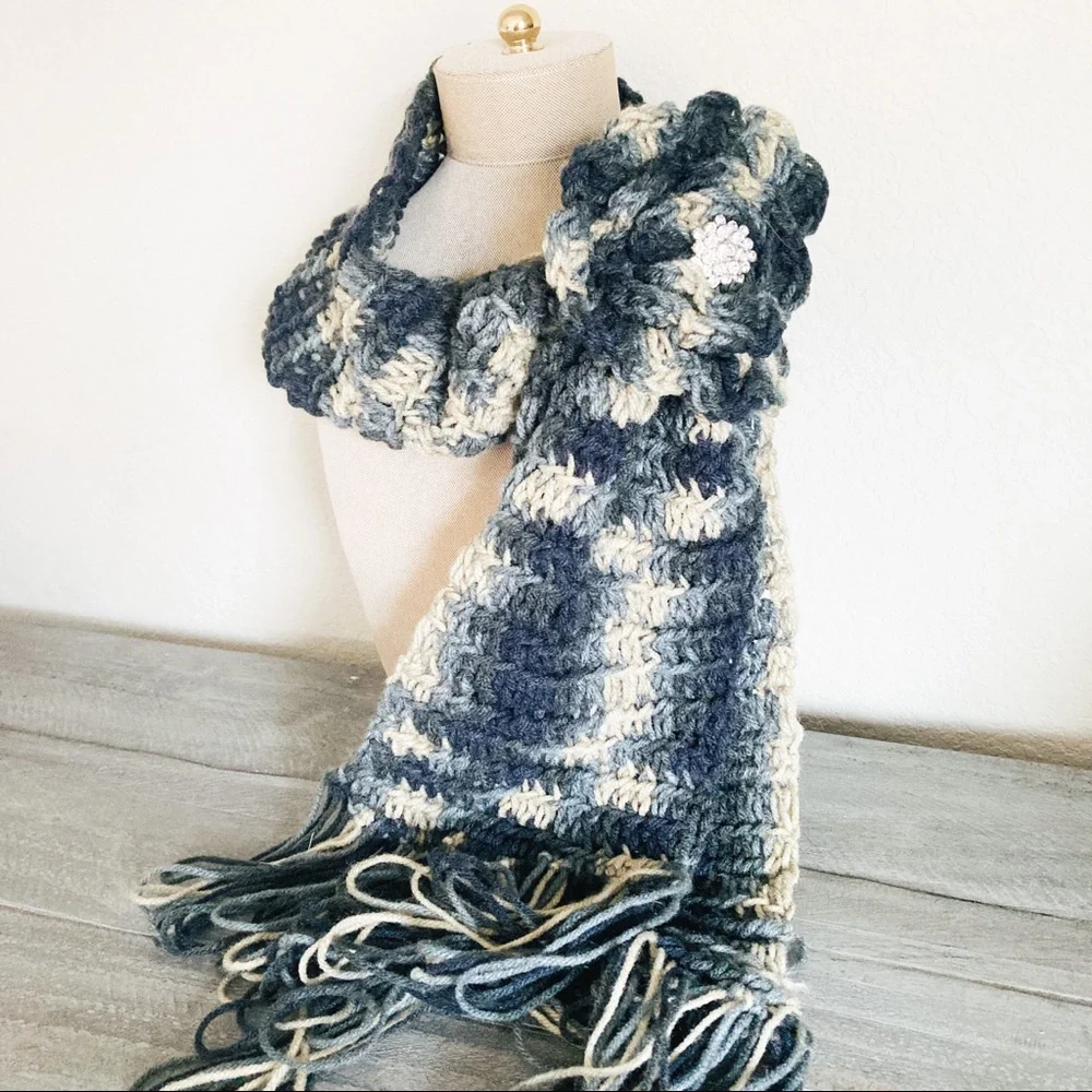 Hand Knit Blue Gray Cream Chunky Scarf Fringe Flower Detail